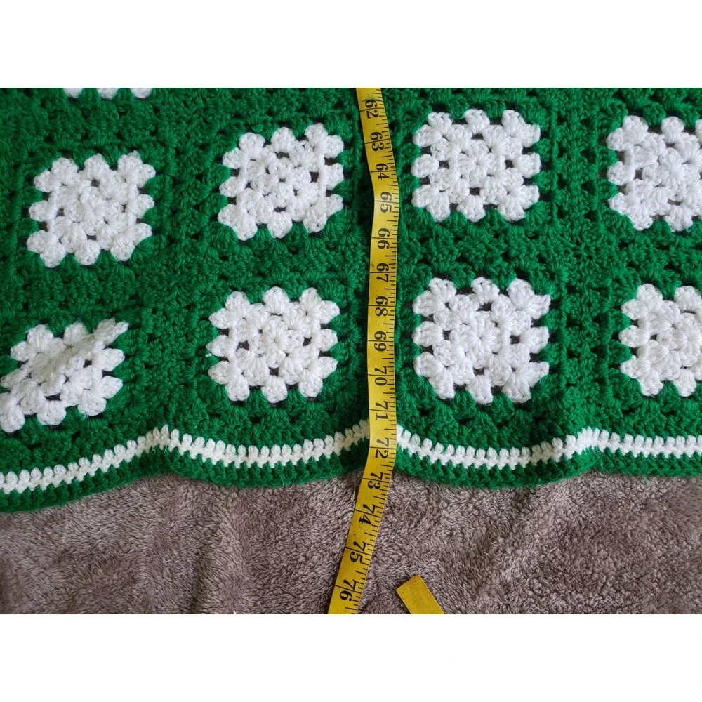 Vintage Granny Square Rectangle Afghan Hand Crochet Green Throw Blanket 72x49